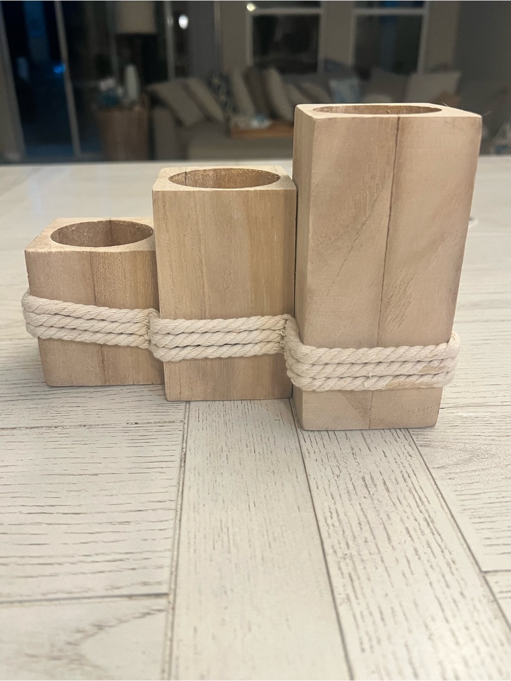 Nautical Natural Wood Trio Votive Holder with Cream Rope Accent